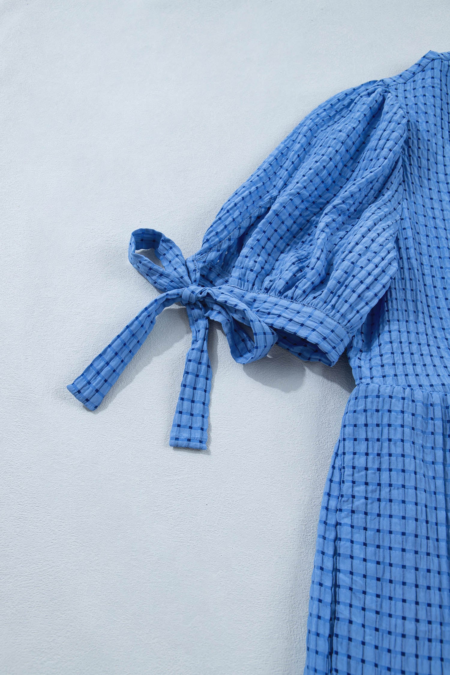 Gingham Textured Bow Tie Sleeve Tiered Midi Dress with Pockets
