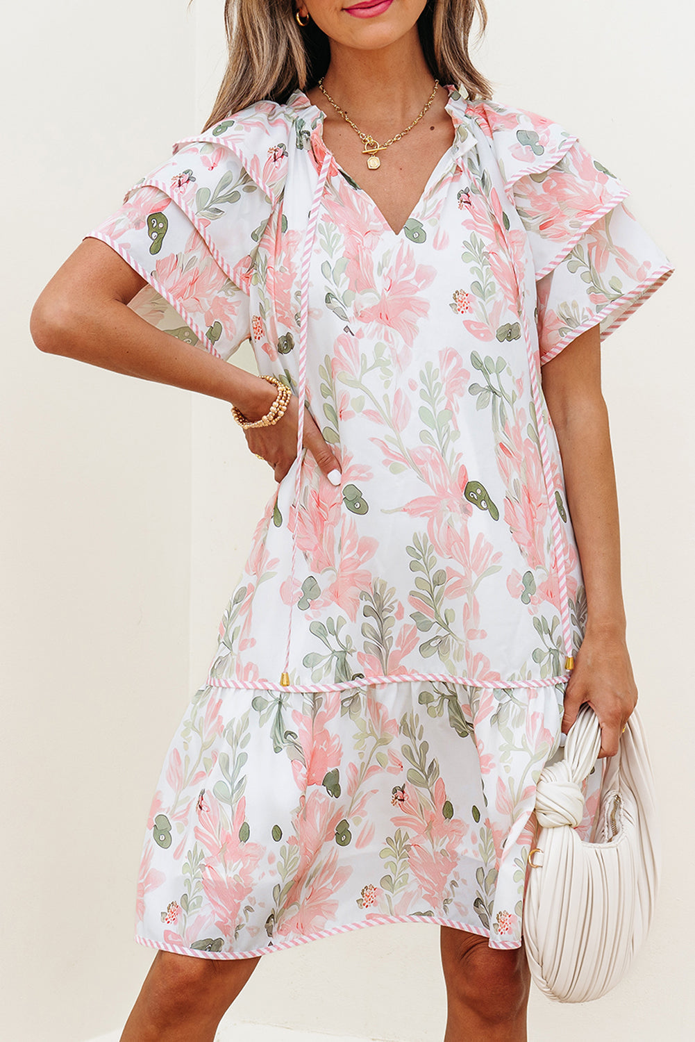 Floral Contrast Edge Layered Short Sleeve Mini Dress eAura