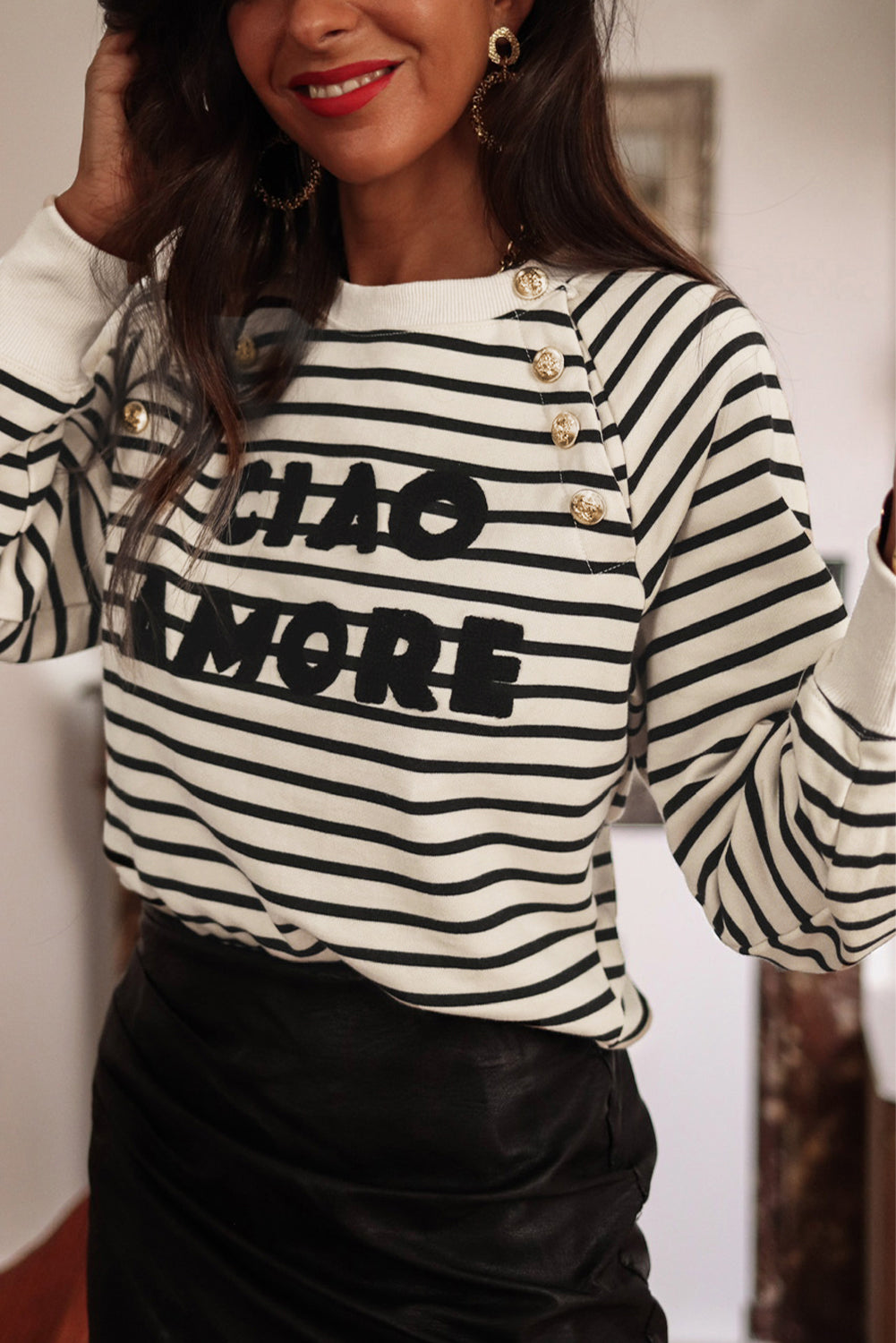 Black Stripe CIAO AMORE Graphic Buttoned Pullover Sweatshirt eAura