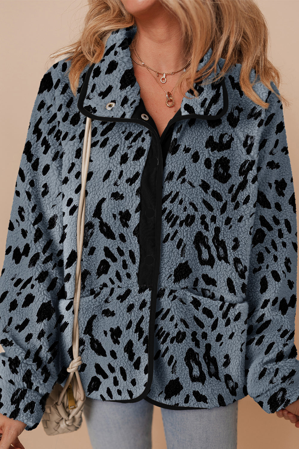 Print Buttoned Stand Collar Fleece Jacket Dear-Lover Dropshipping