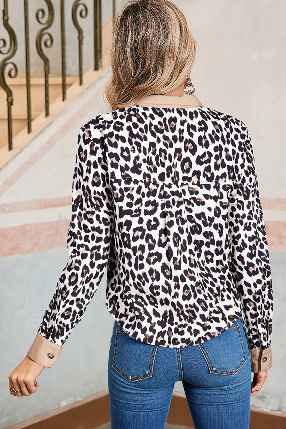 Leopard Print Contrast Patchwork Cuffs Button Collared Top - eAura