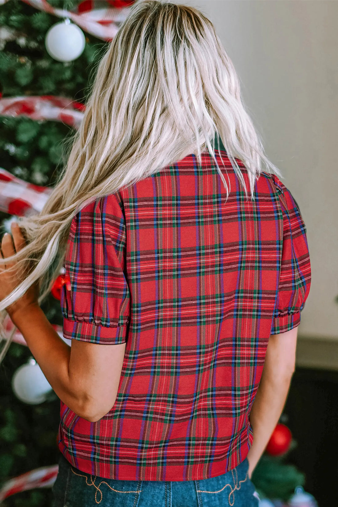 Plaid Print Contrast Trim V Neck Short Sleeve Blouse