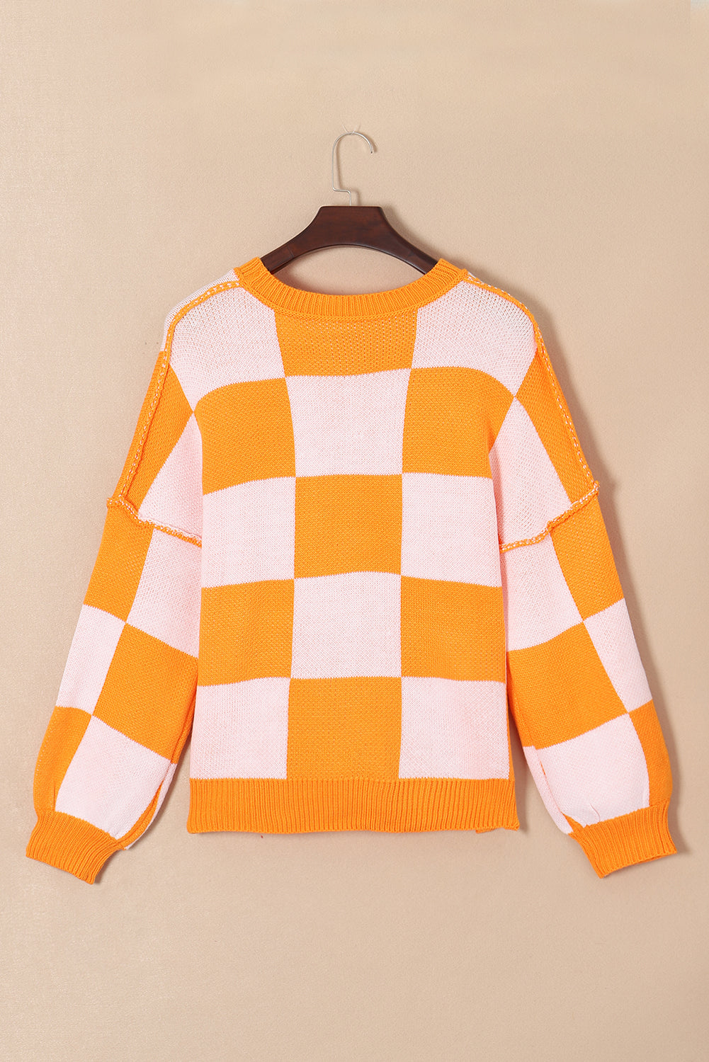 Orange Checkered Bishop Sleeve Sweater eAura