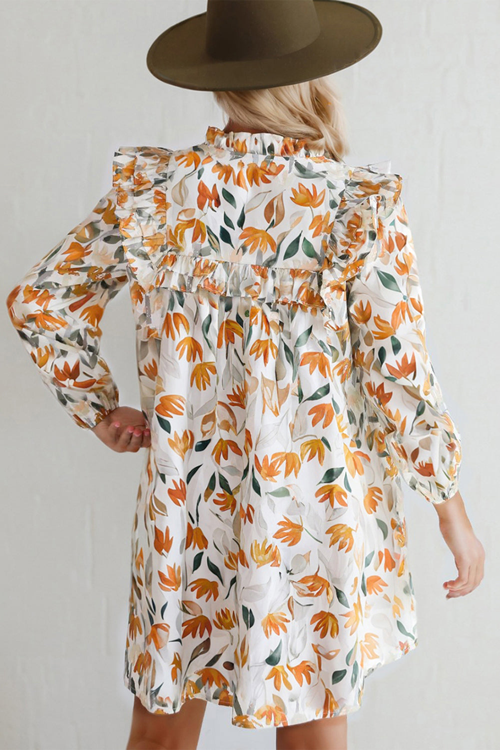 Yellow Floral Print Tie Neck Frilled Detail Long Sleeve Mini Dress eAura