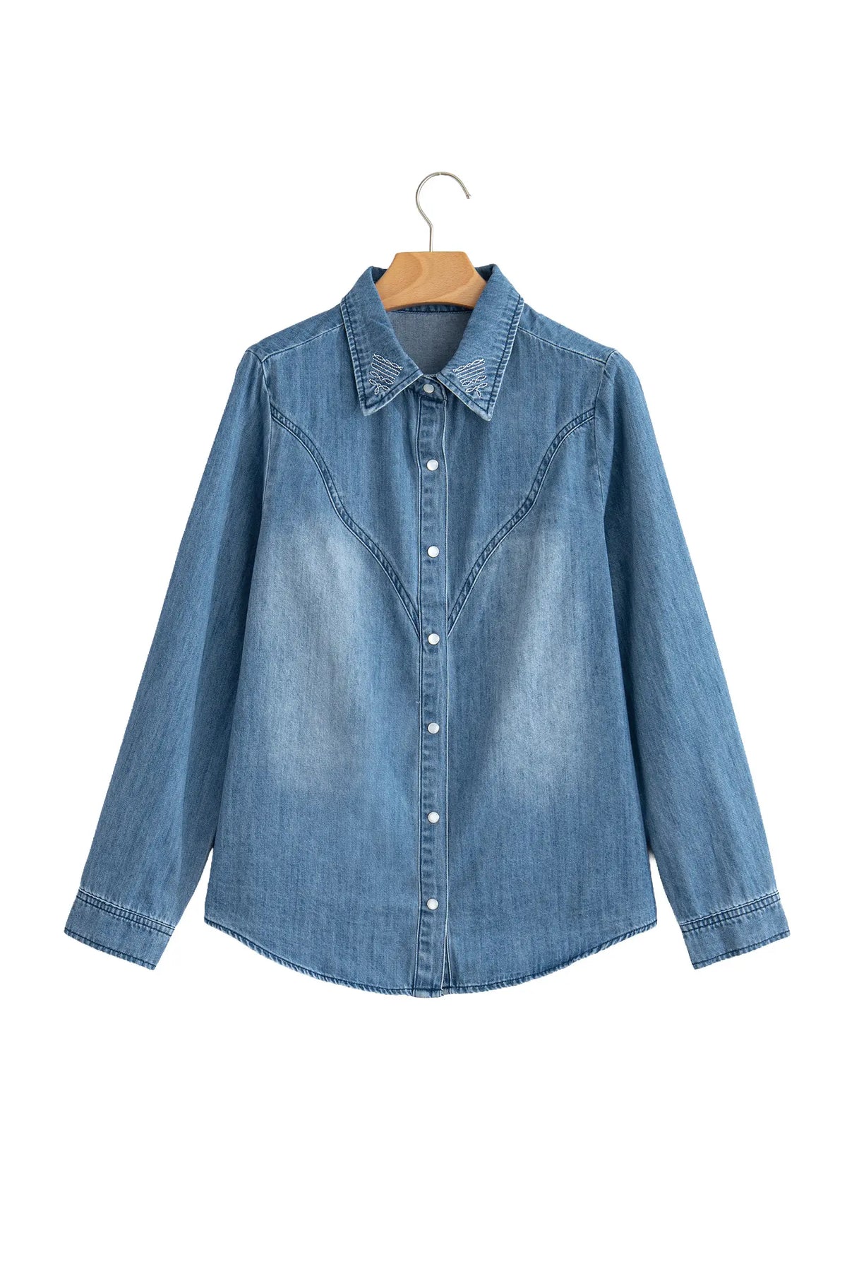 Embroidered Western Detail Long Sleeve Collar Shirt – Blue