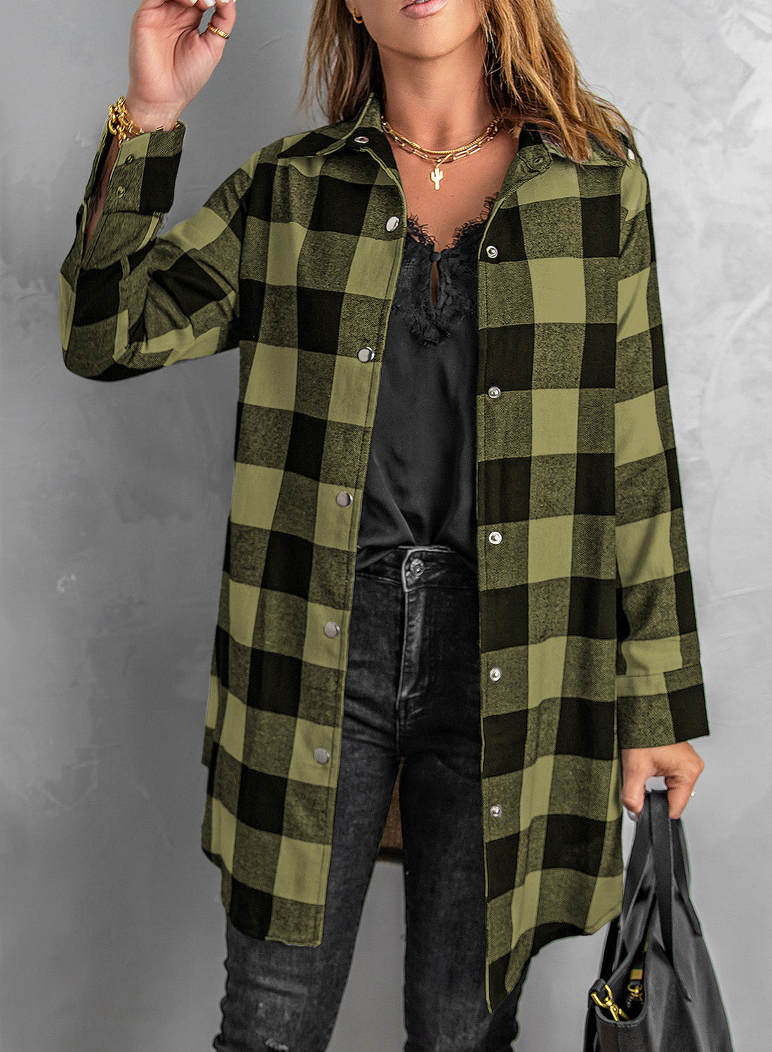 Black Turn-down Collar Plaid Shirt Coat eAura