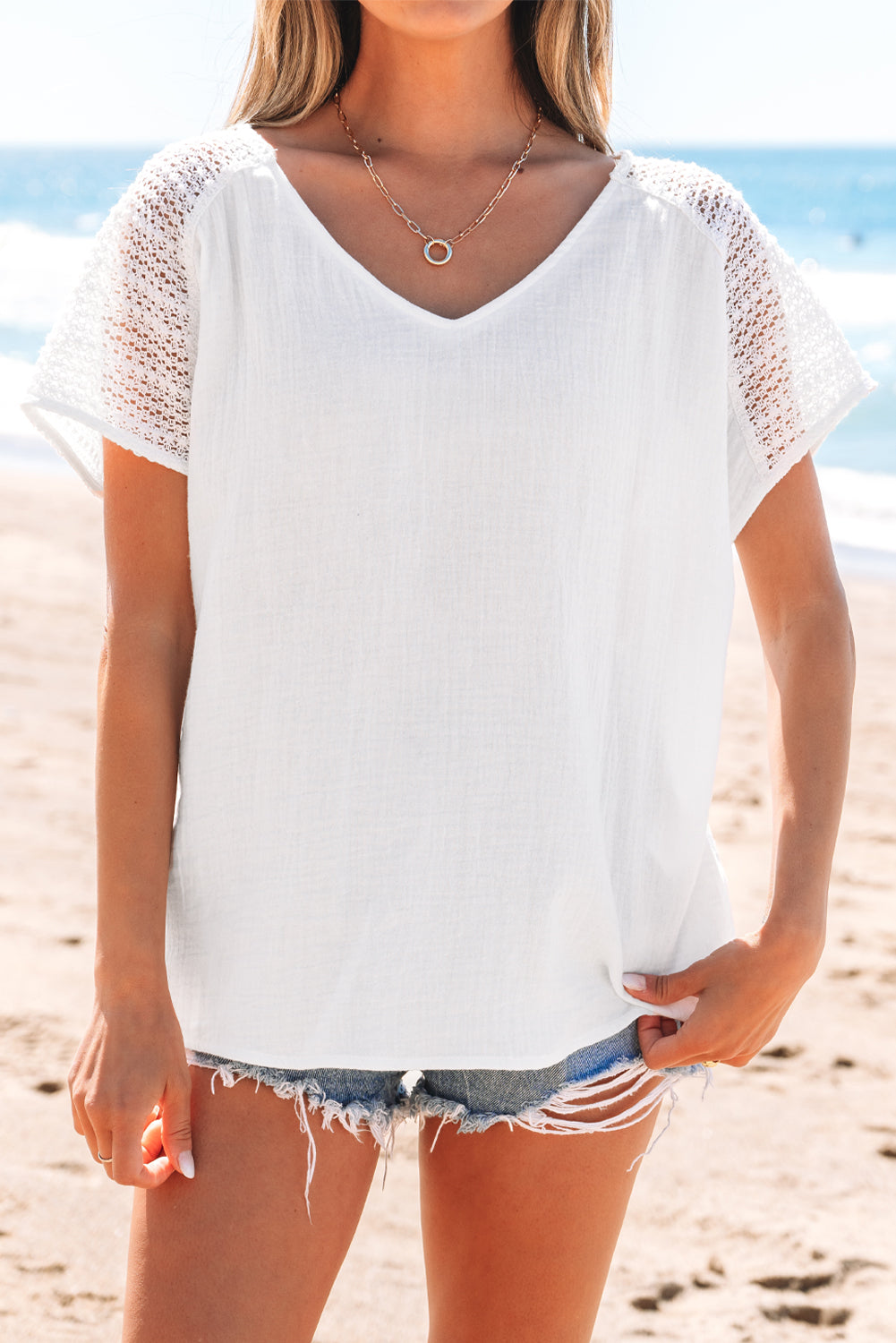 White Lace Crochet Textured Button Back V Neck T Shirt eAura