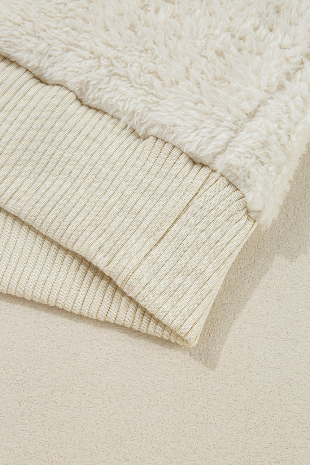 White Contrast Ribbed Edge Plush Hoodie eAura