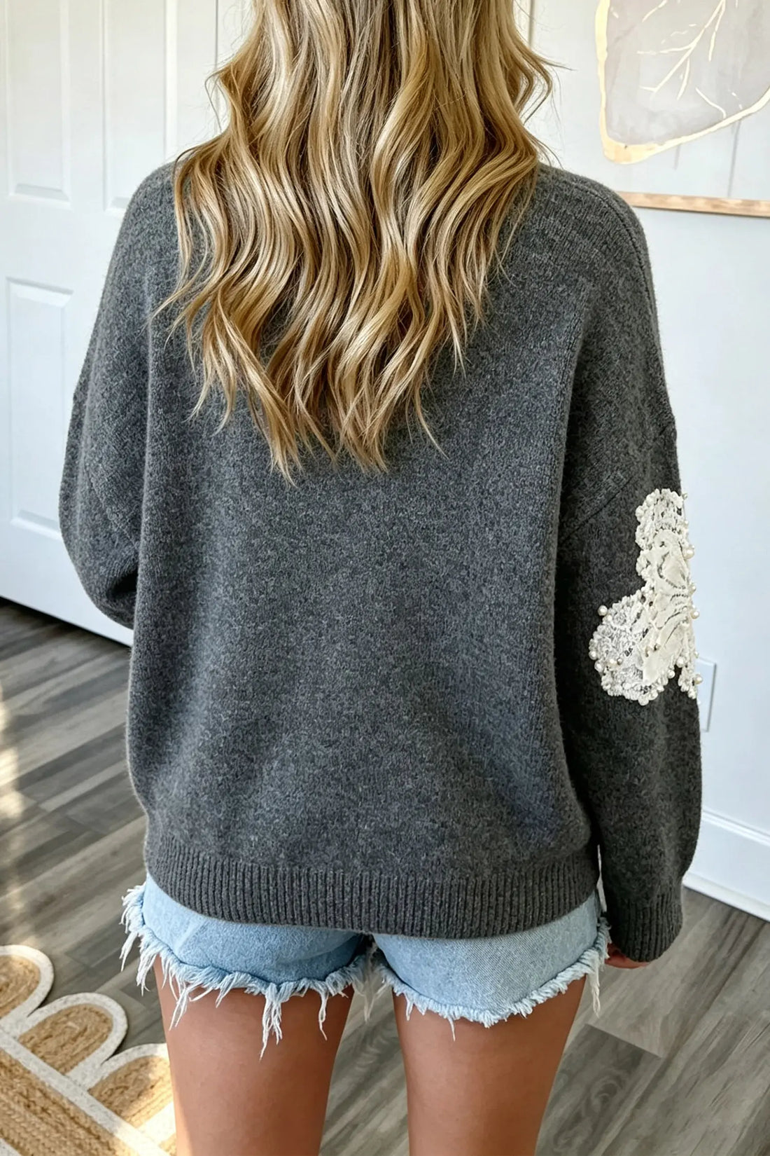 Beaded Floral Accent Casual Round Neck Sweater