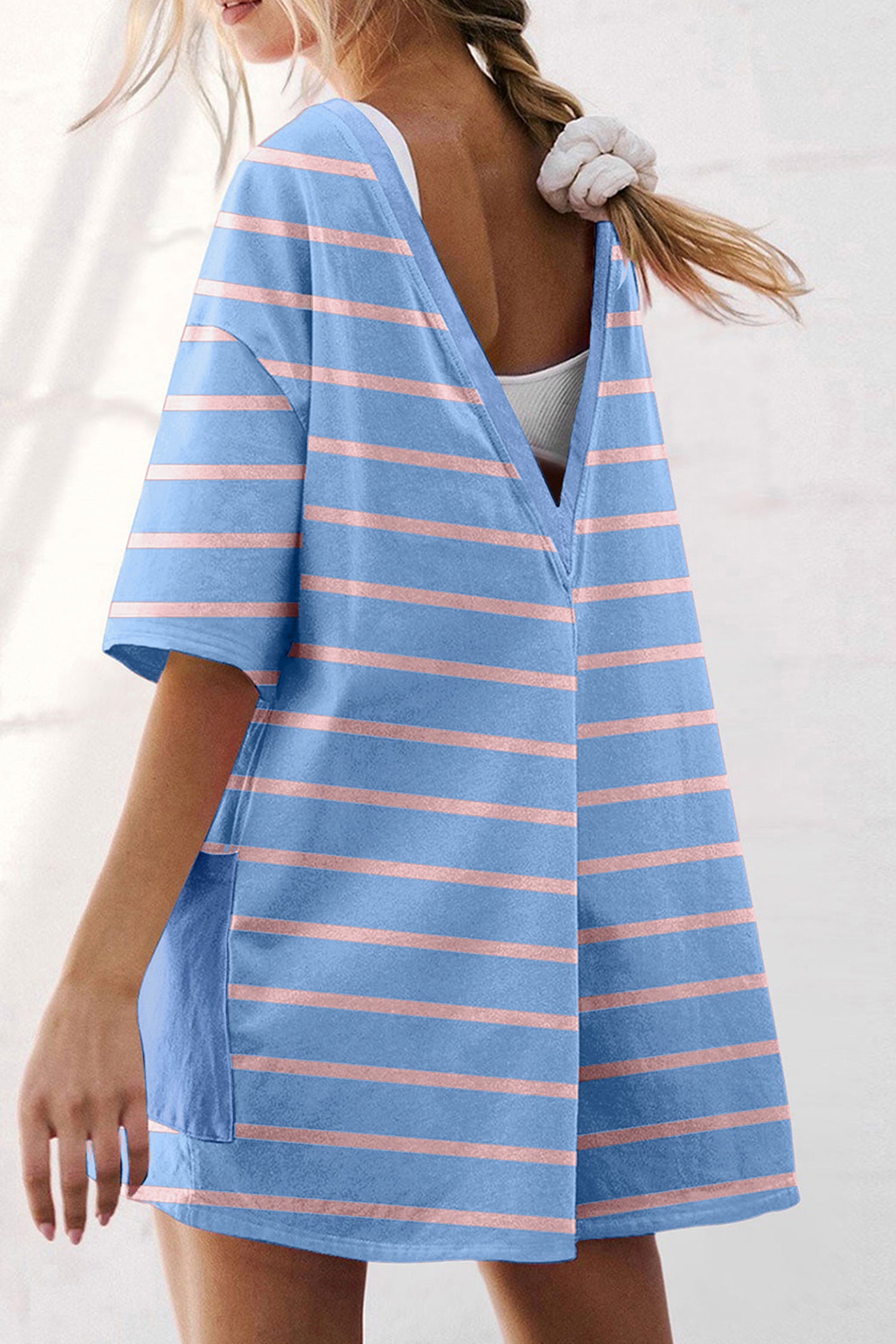 V Neck Short Sleeve Double Wear Loose Romper – Sky Blue Stripe