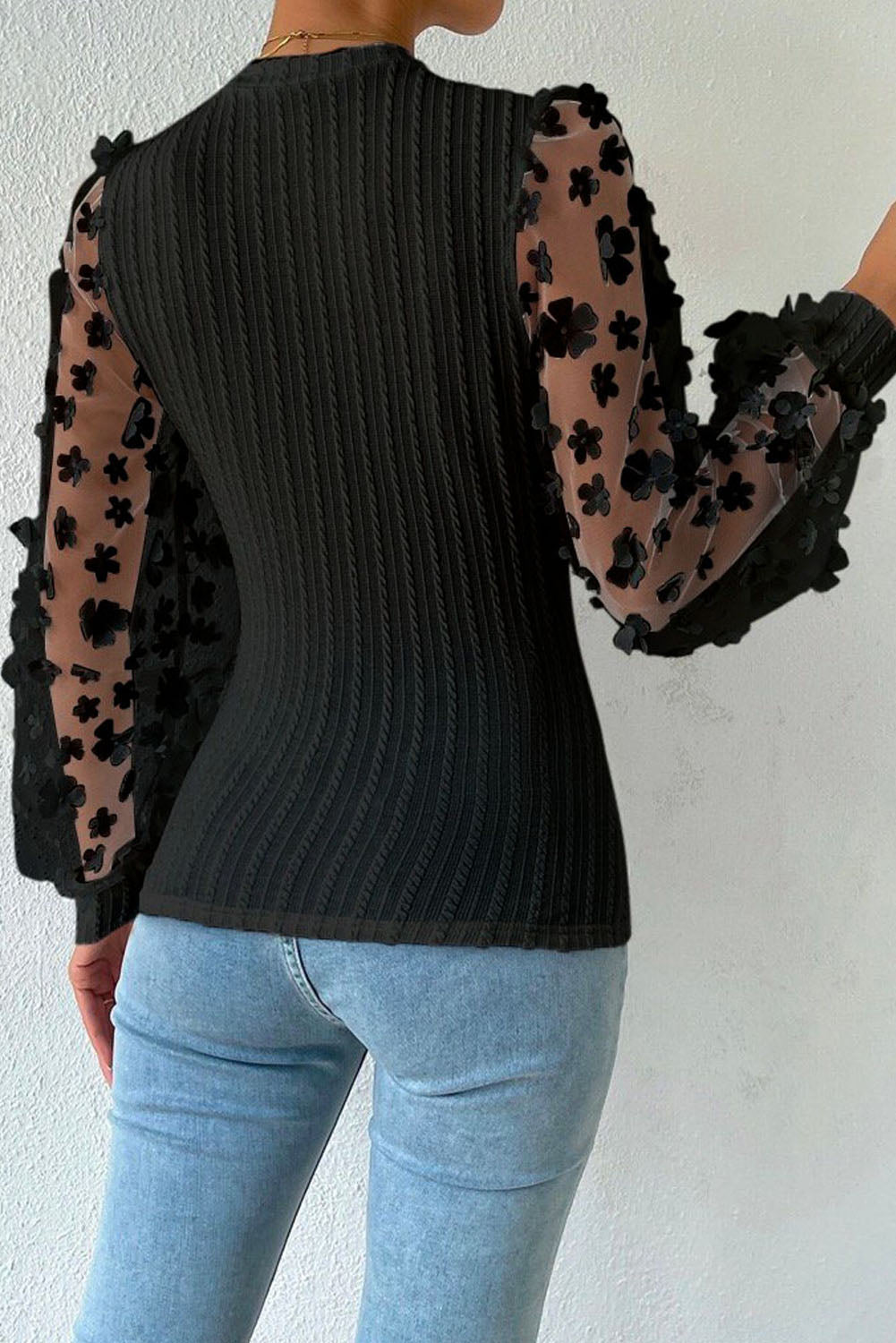 Floral Applique Mesh Sleeves Textured Knit Blouse eAura