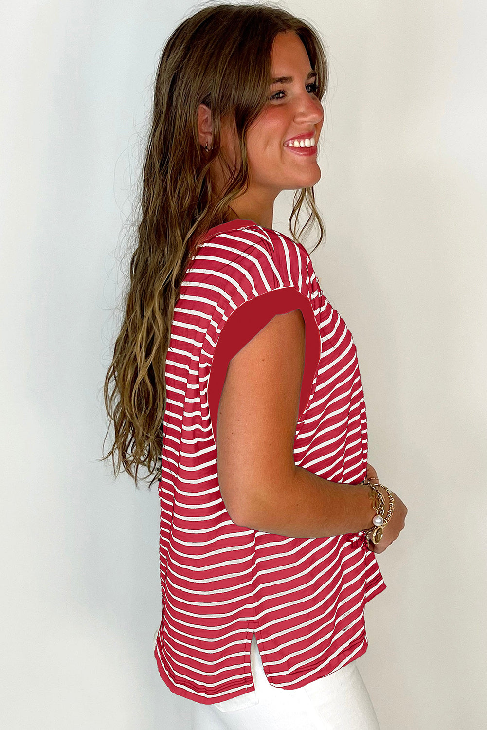 Red Stripe Chest Pocket Patch Round Neck Tank Top Dear-Lover Dropshipping