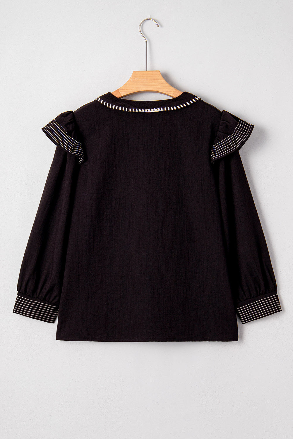 Black Contrast Stitched Detail V Neck Ruffle Long Sleeve Blouse - eAura