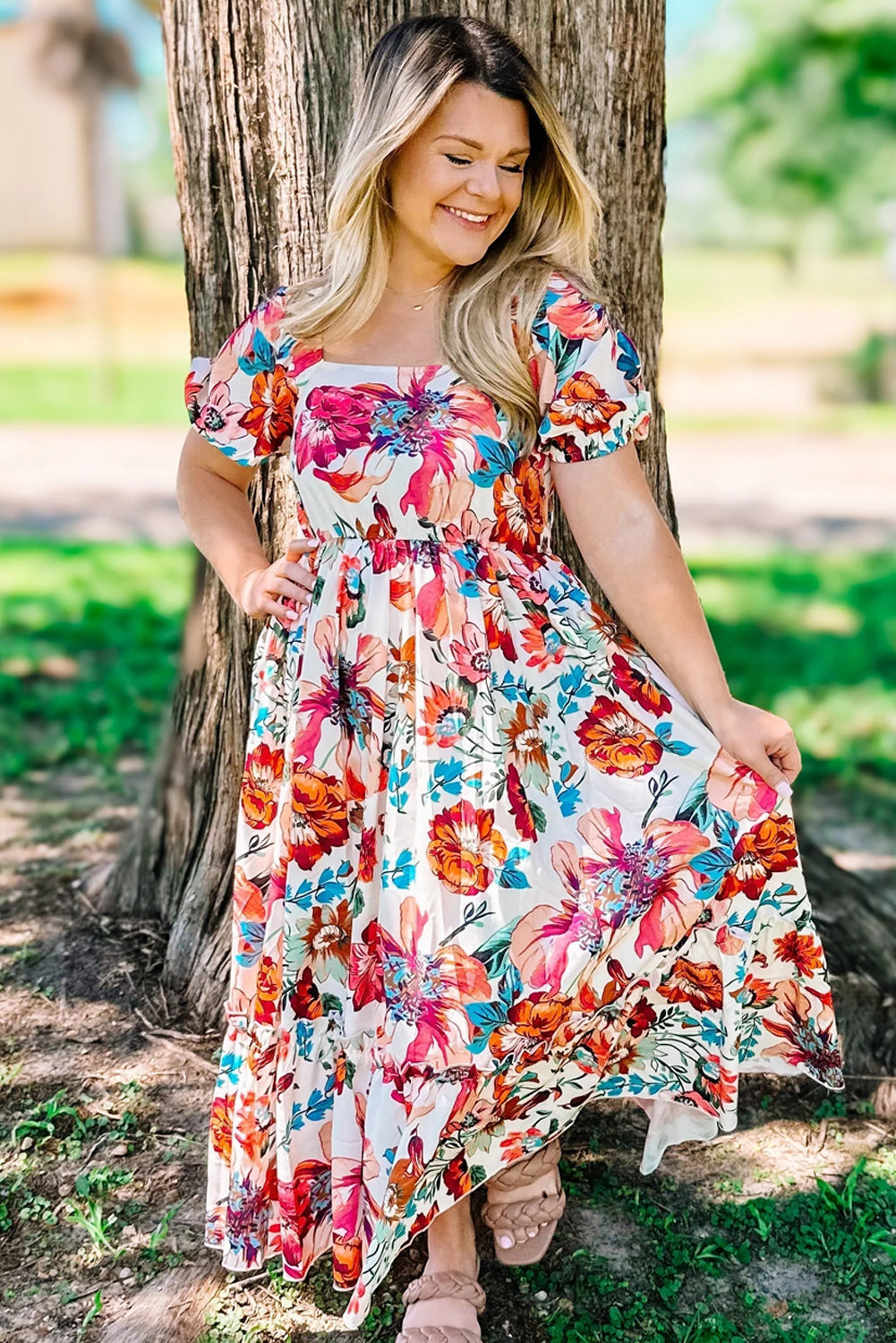 White Floral Square Neck Puff Sleeve Flowy Plus Size Midi Dress BB Fashion Outlet