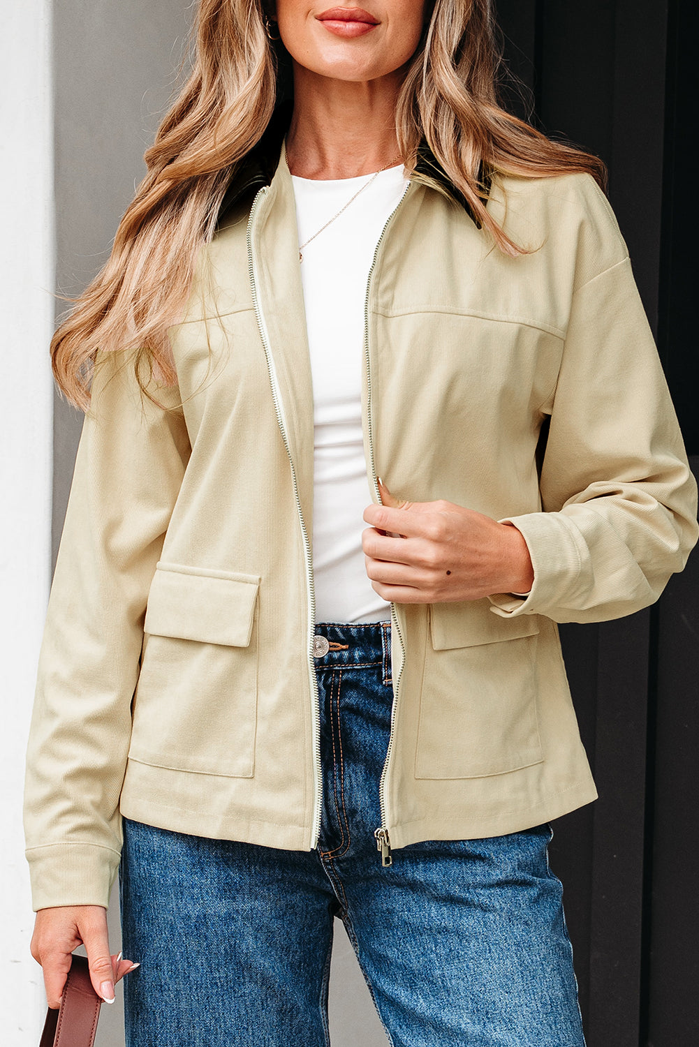 Contrast Faux Leather Collar Textured Zip-Up Jacket - eAura