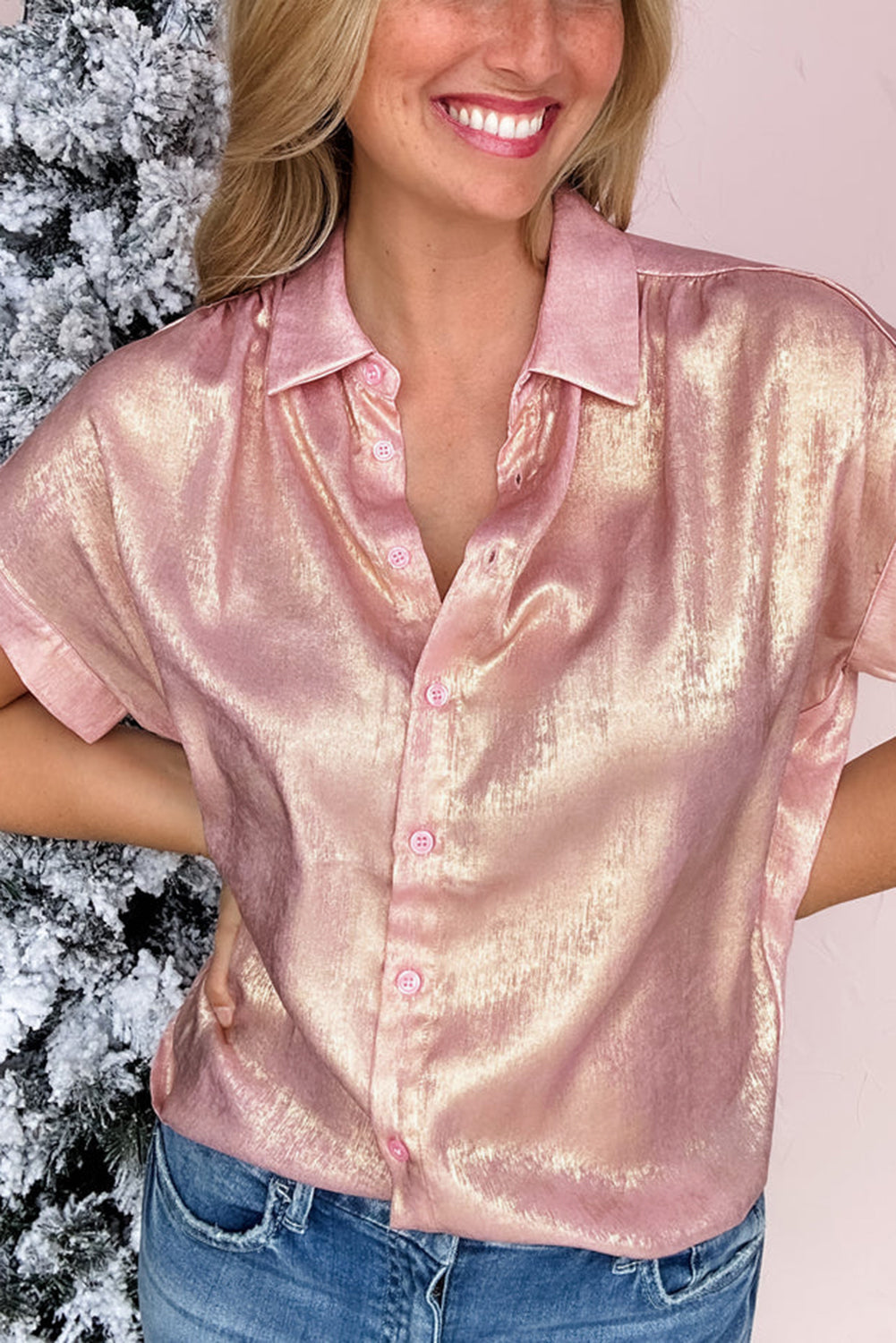 Delicacy Metallic Buttoned Loose Fit Short Sleeve Shirt eAura