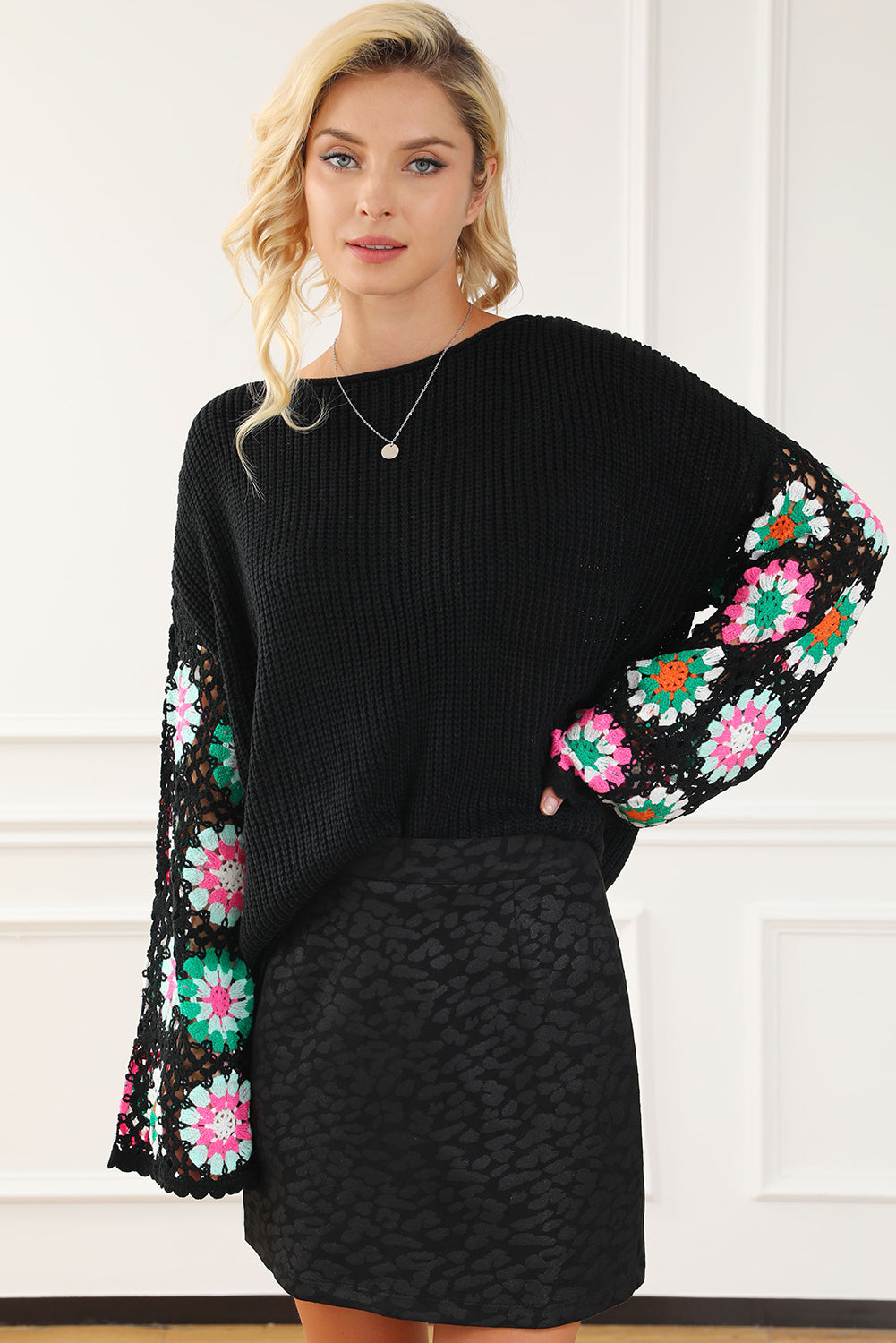 Black Floral Crochet Bell Sleeve Loose Sweater eAura