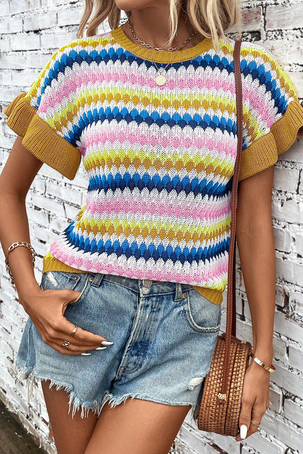 Khaki Trimmed Ruffle Sleeve Colourful Textured Sweater eAura