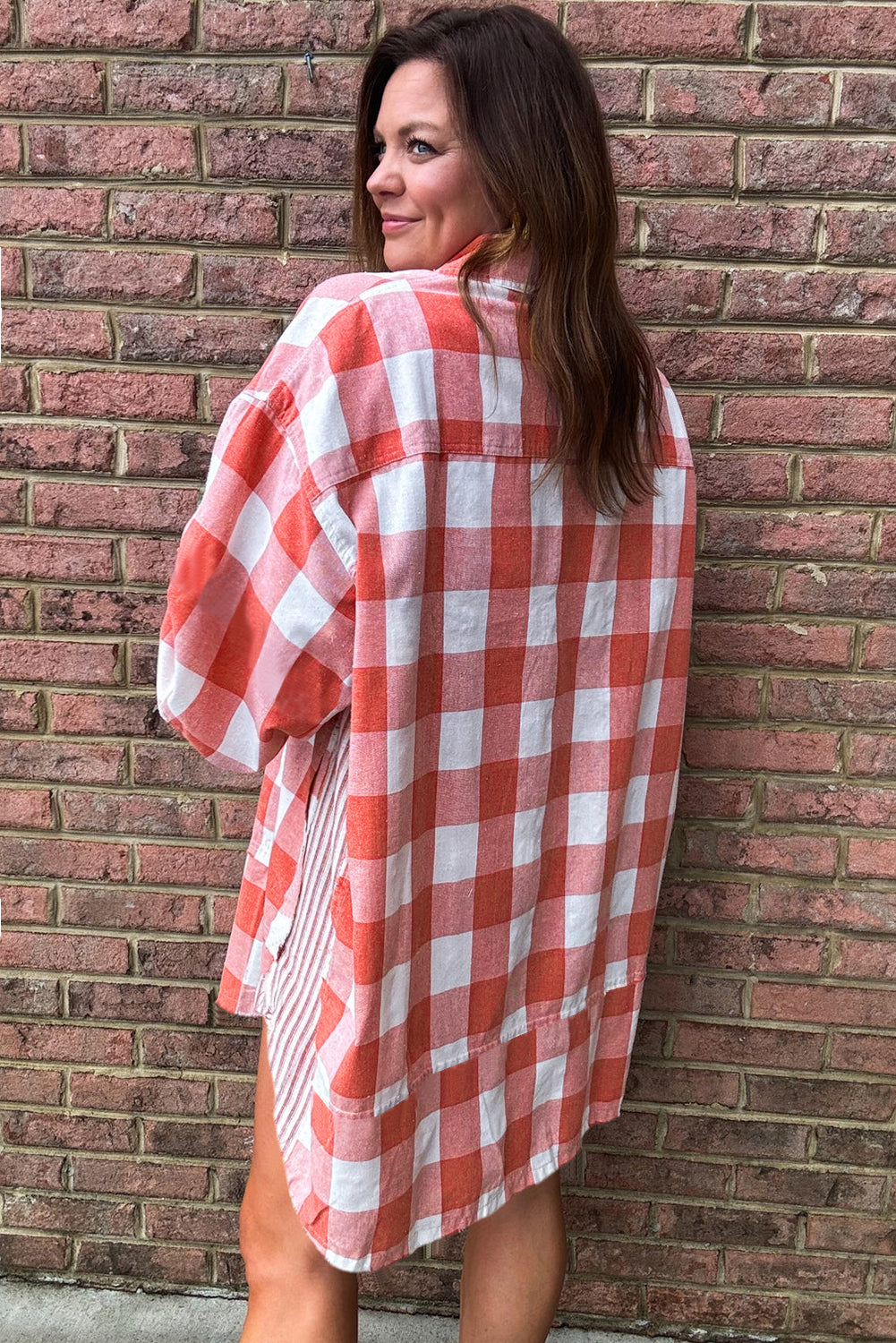 Pink Oversized Plaid Puff Sleeve Round Hem Shirt Dress eAura