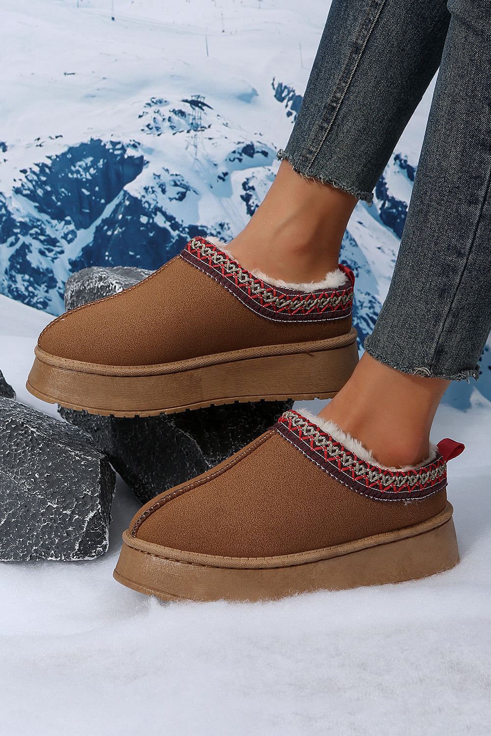 Chestnut Contrast Print Suede Plush Lined Snow Boots BB Fashion Outlet