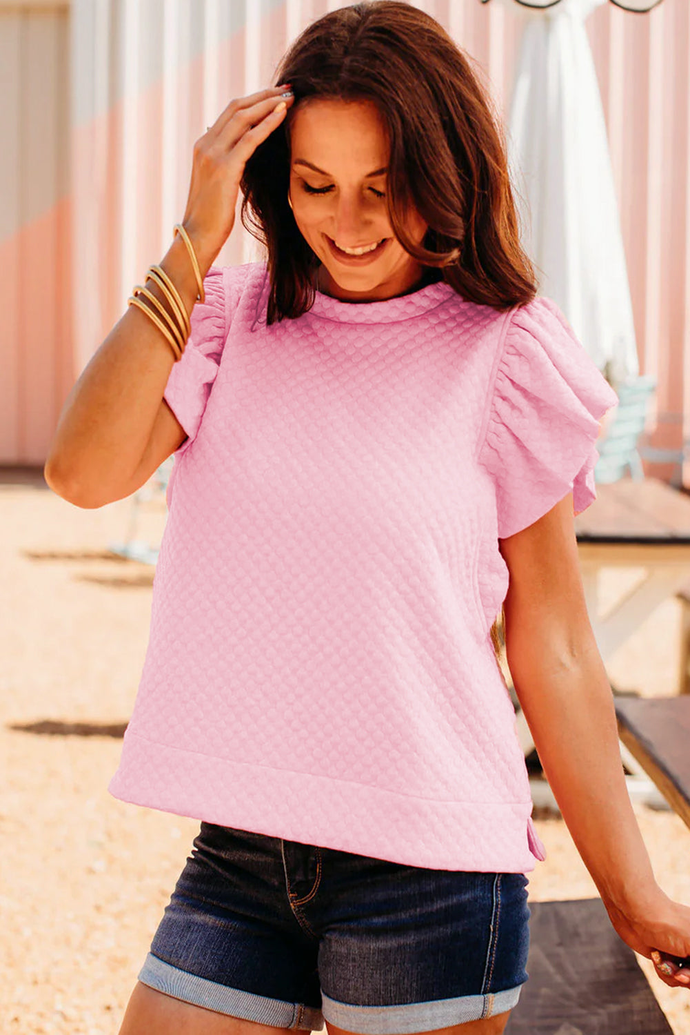 Pink Textured Ruffle Short Sleeve Pullover Top eAura