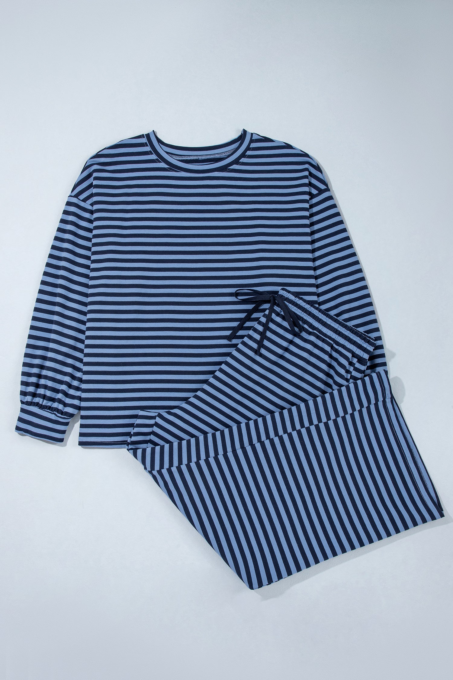 Long Sleeve Drawstring Waist Plus Size Lounge Pants Set – Blue Stripe