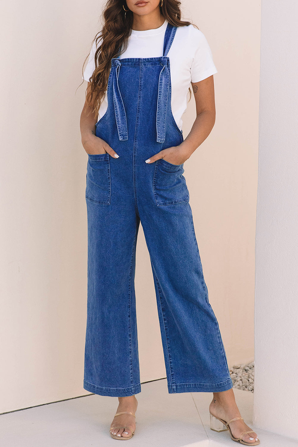 Blue Mineral Wash Knot Strap Patched Pocket Wide Leg Denim Overalls Dungarees BB Fashion Outlet