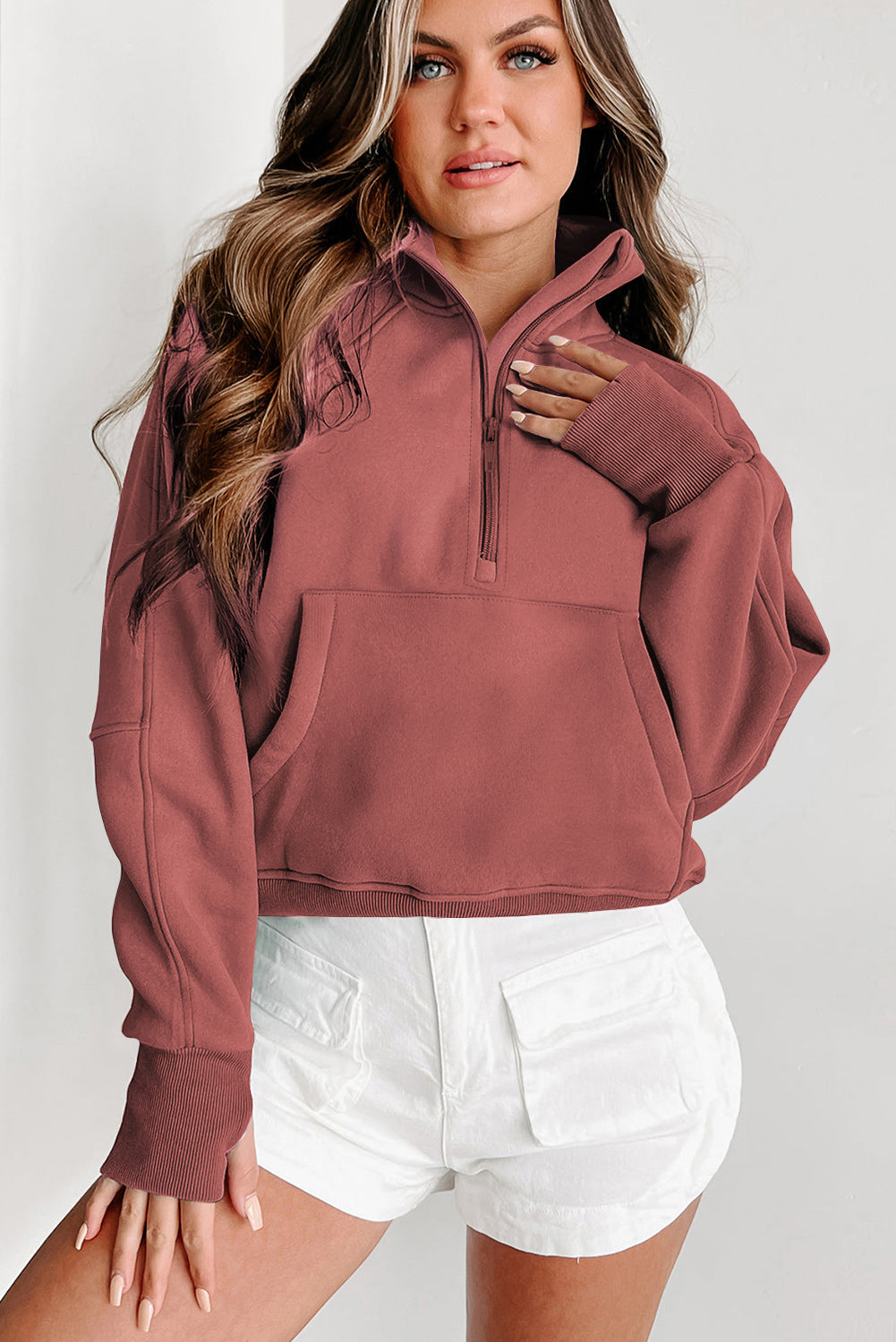 Brown Fleece Lined Zip Up Stand Collar Thumbhole Sleeve Sweatshirt eAura