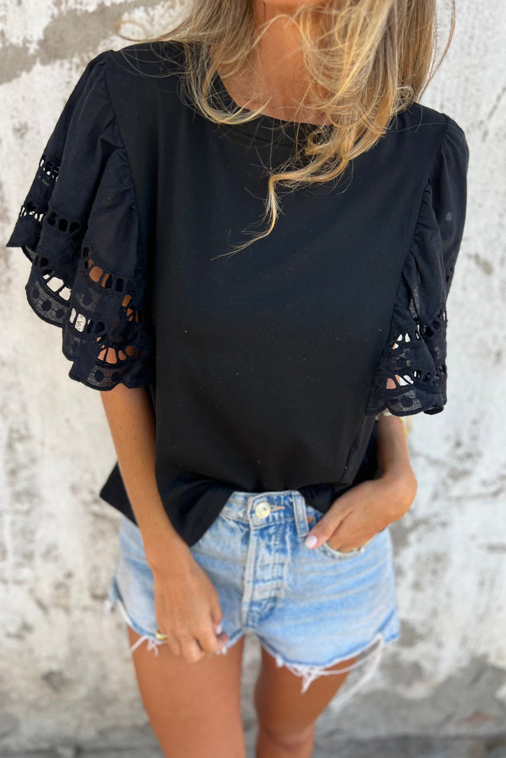Black Hollow Out Embroidered Short Sleeve Top eAura