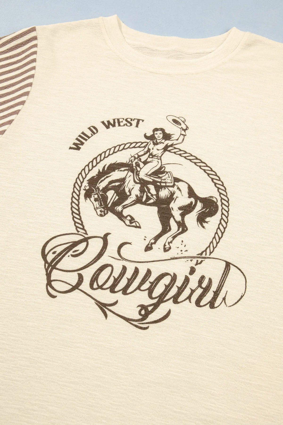 Jet Stream Western Print Striped Detail Long Sleeve Casual Top – Cream