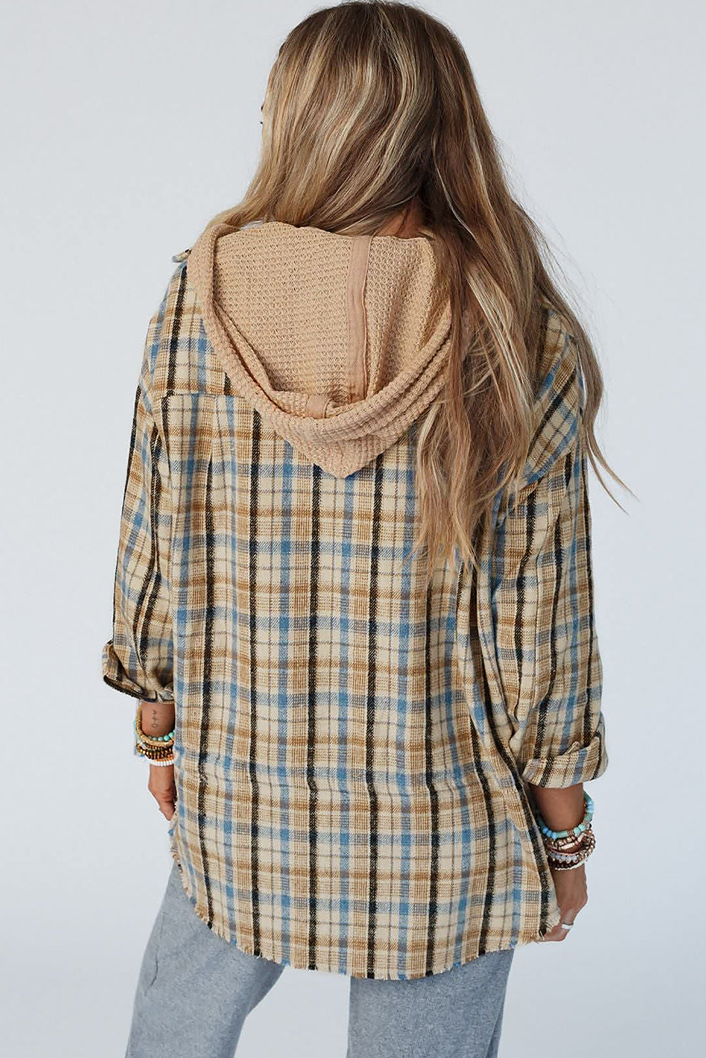 Ashleigh Blue Waffle Knit Patchwork Hooded Plaid Shacket eAura