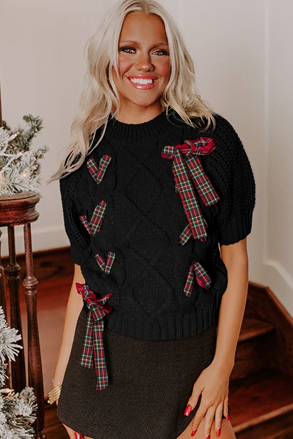 Plaid Lace up Detail Christmas Holiday Puff Short Sleeve Sweater - eAura