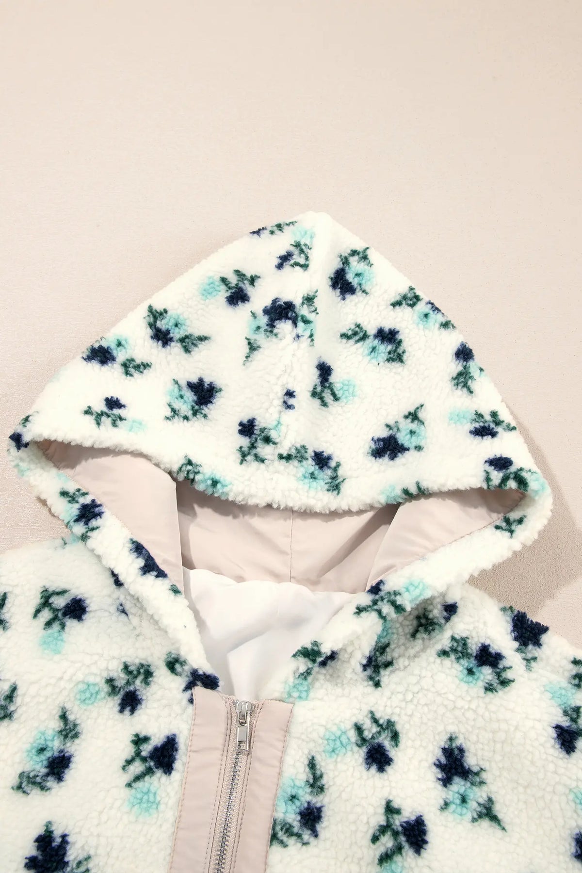 White Floral Print Faux Fur Hooded Metal Zip-up Winter Jacket