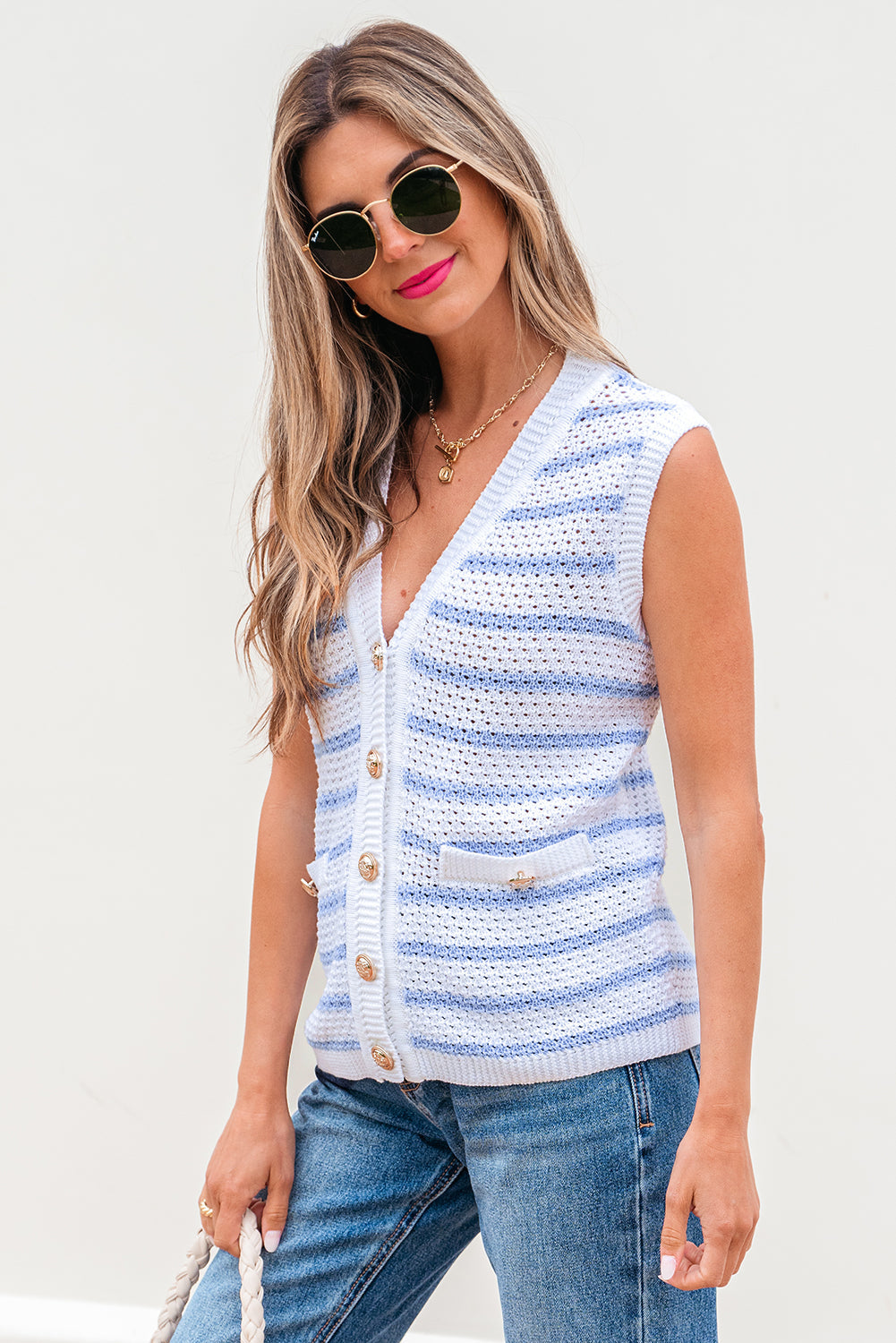 Striped V Neck Gold Buttons Elegant Sleeveless Sweater eAura