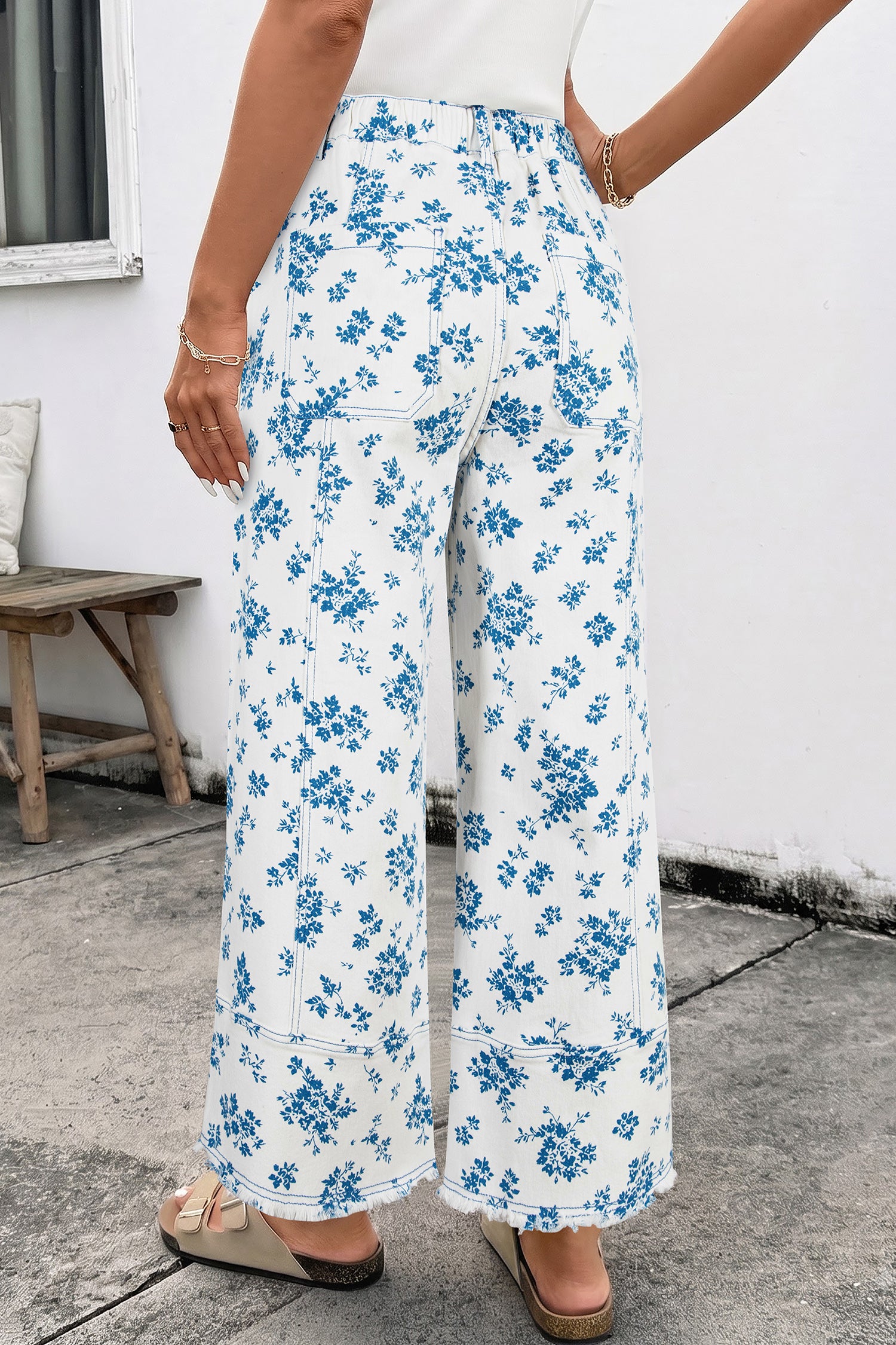 Sky Blue Floral Print Tie Waist Straight Leg Jeans – Light Blue