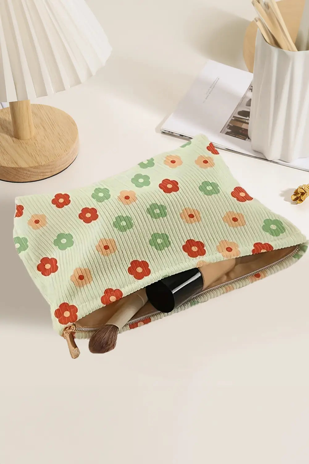 Clearly Aqua Flower Print Corduroy Zipper Makeup Storage Bag