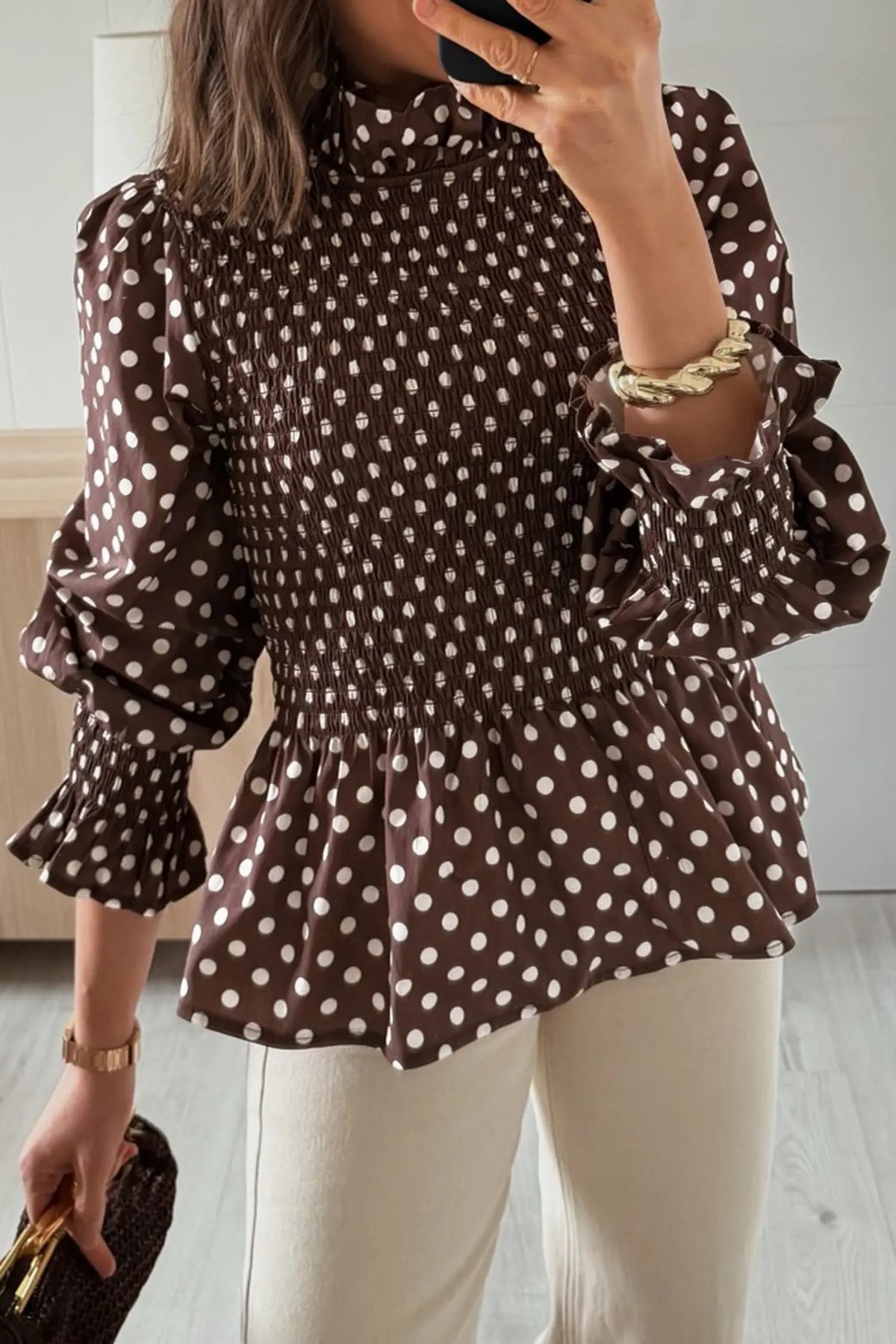 Polka Dot Ruffled High Neck Shirred Ruffle Hem Blouse – Brown