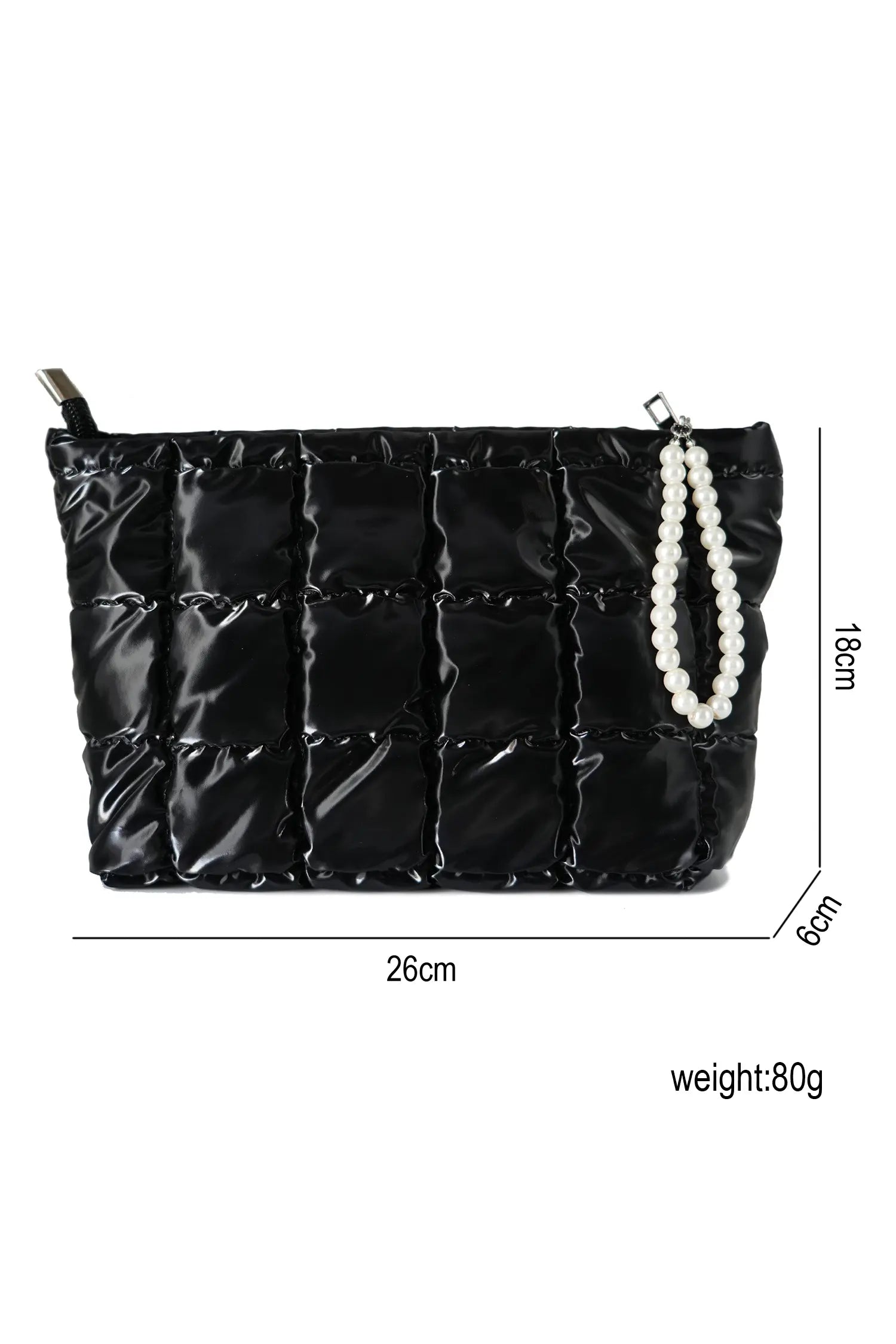 Color black PU Leather Quilted Texture Pearl Chain Zip Makeup Bag