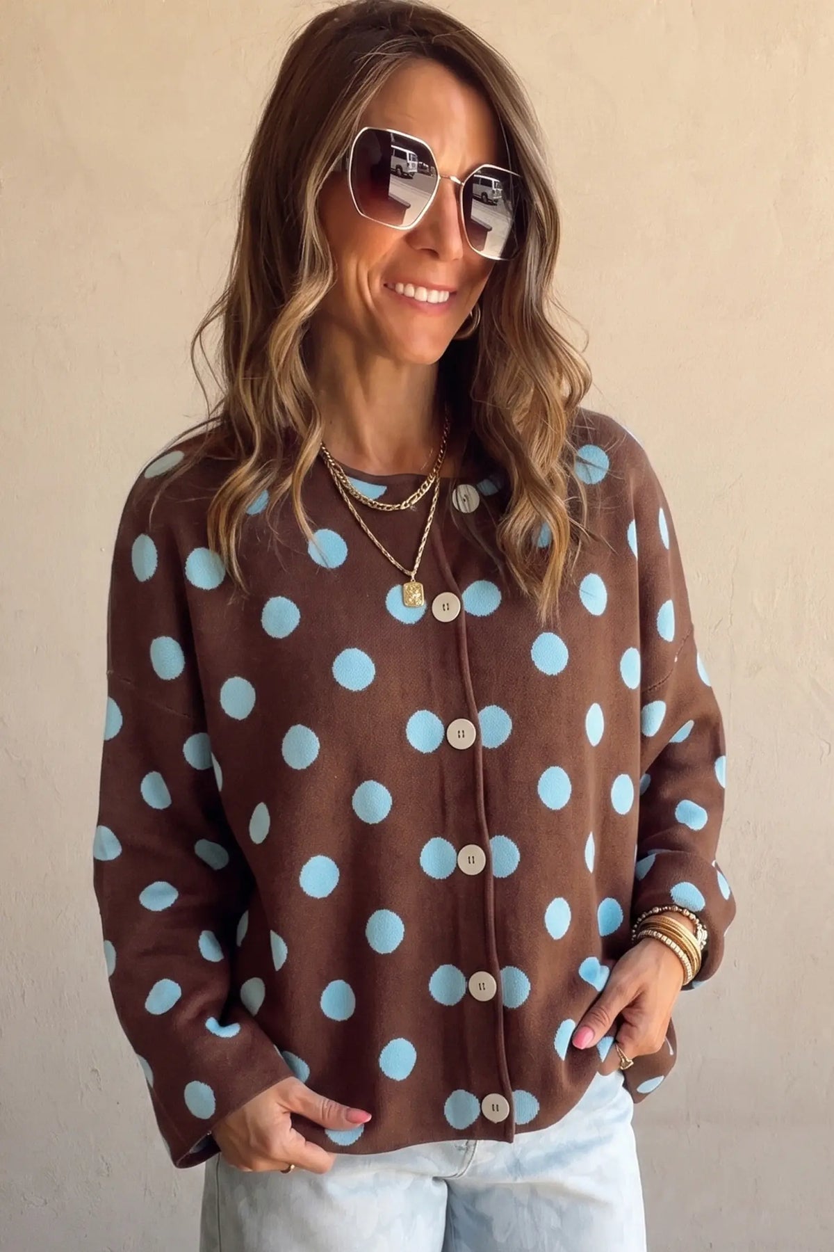 Cardigan Polka Dot Button Down Dropped Shoulder Shift