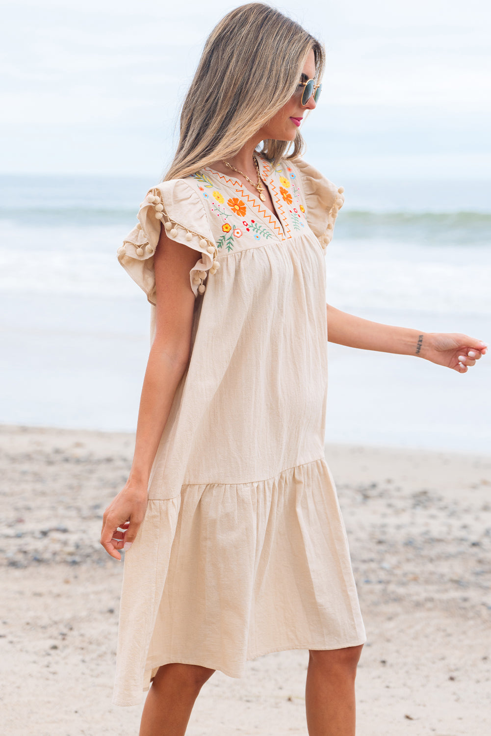 Jet Stream Linen Embroidery Split Neck Pom Pom Ruffle Sleeves Flowy Short Dress eAura