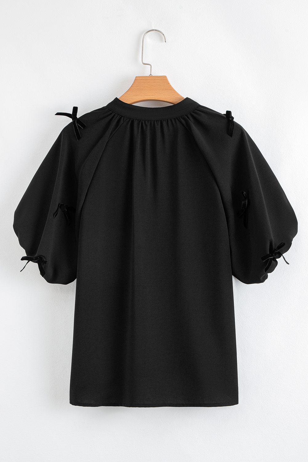 Black Bow Decor Puff Sleeve Split Neck Blouse eAura