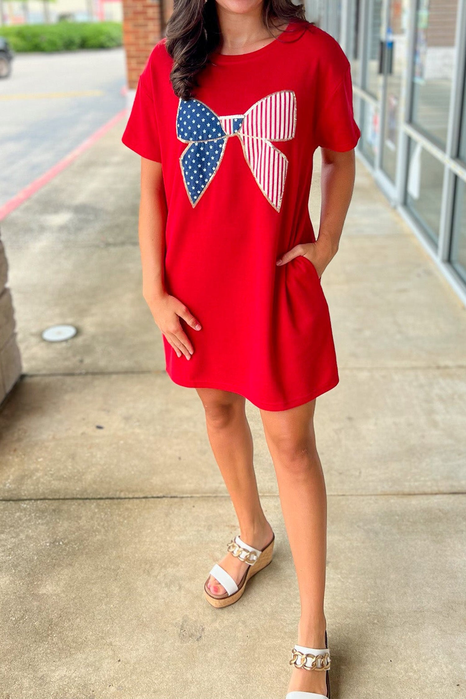 Red Sequin Trim Stars and Stripes Bow Patched T-Shirt Dress