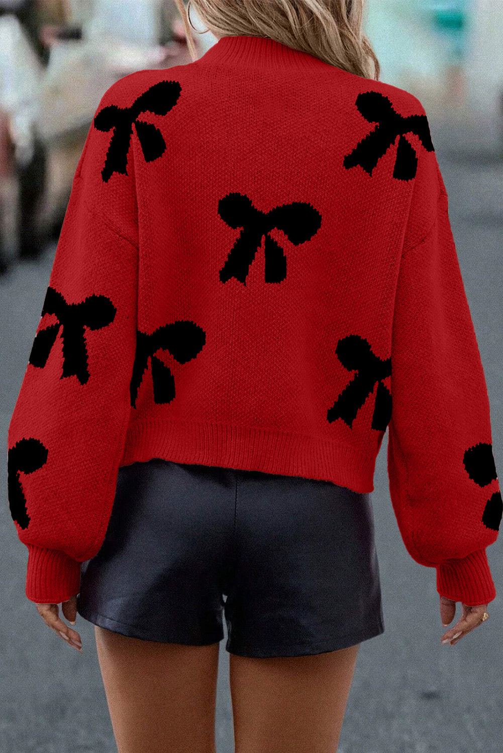 Pearl Embellished Bow Pattern Loose Sweater - eAura