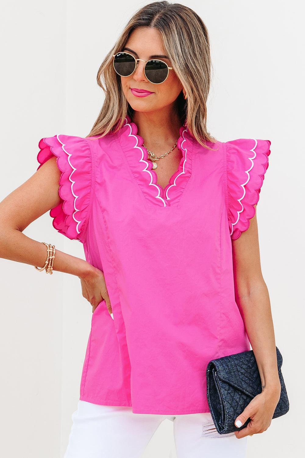 Bright Pink Scallop Trim Short Sleeve V Neck Top eAura