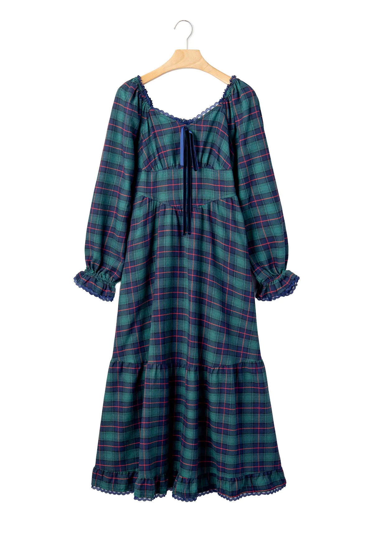 Vintage Plaid Square Neck Lace Trim Long Sleeve Shift Dress – Green