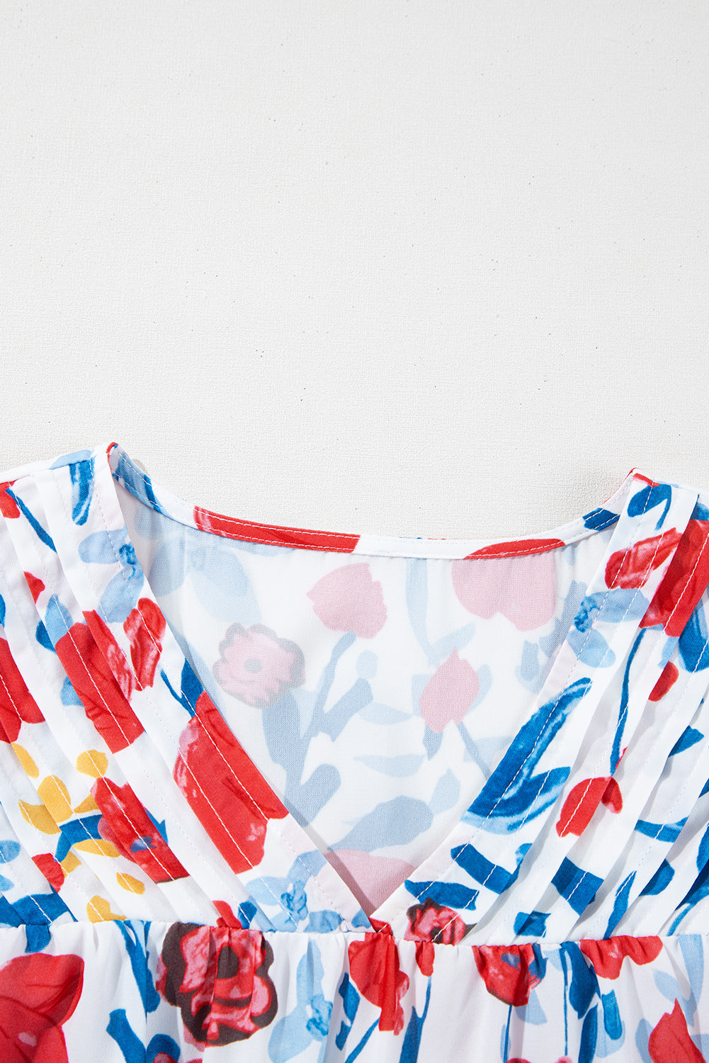 Red Flowers Pintuck Detail V-Neck Ruffled Sleeve Top eAura