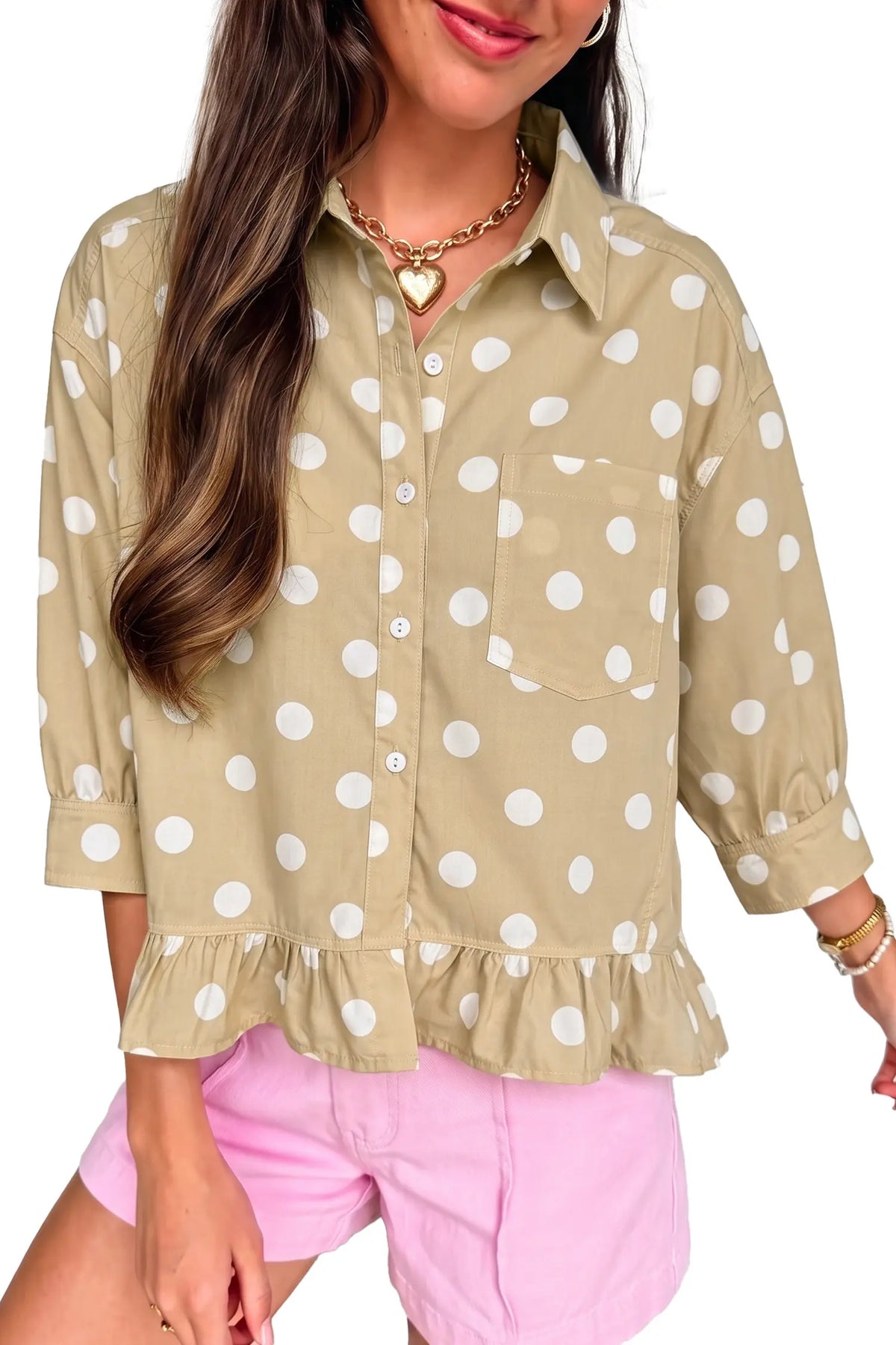 Polka Dot Print Three Quarter Sleeve Ruffle Hem Casual Shirt – Khaki