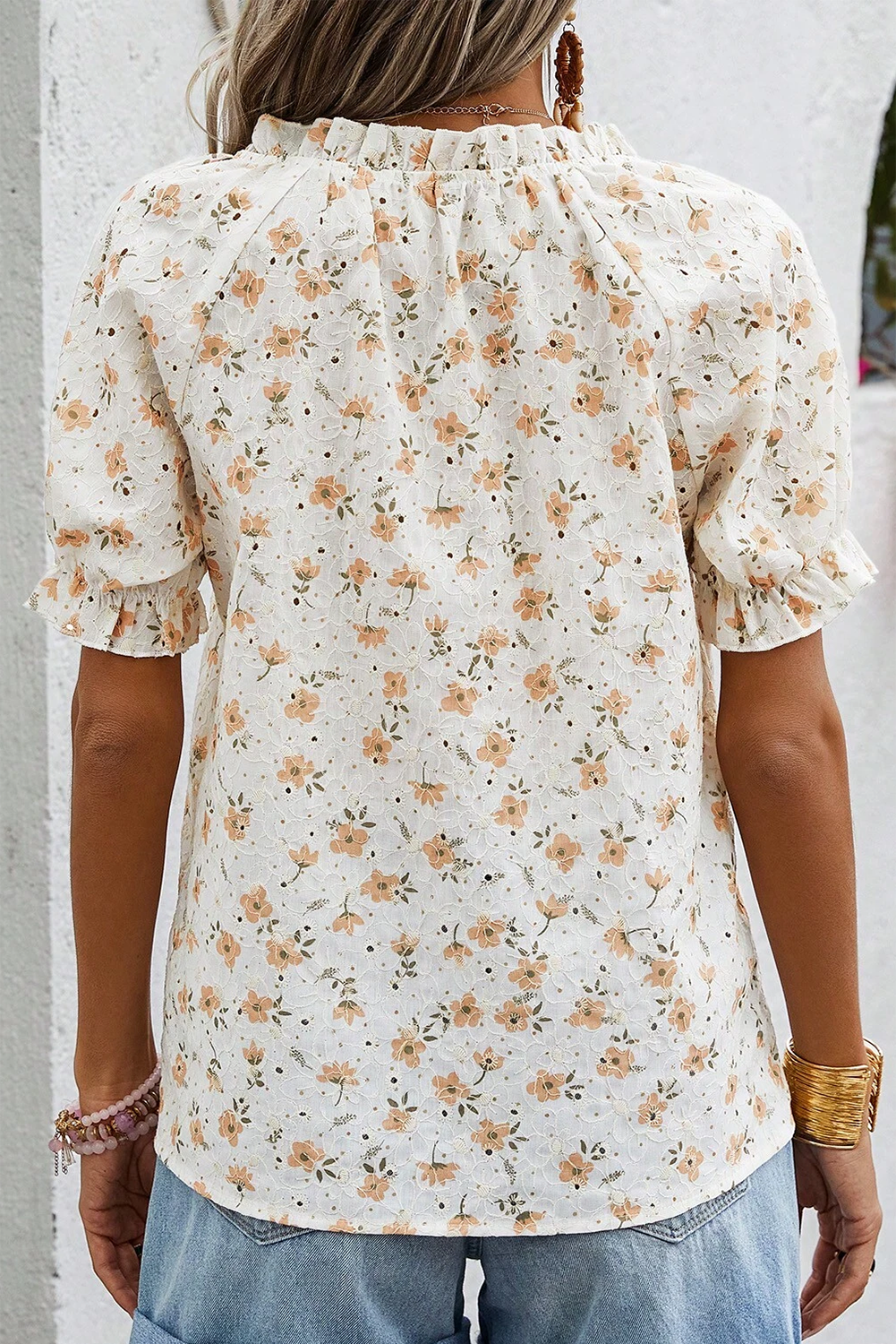 White Floral Eyelet Embroidered Puff Sleeve Notch V Neck Blouse eAura
