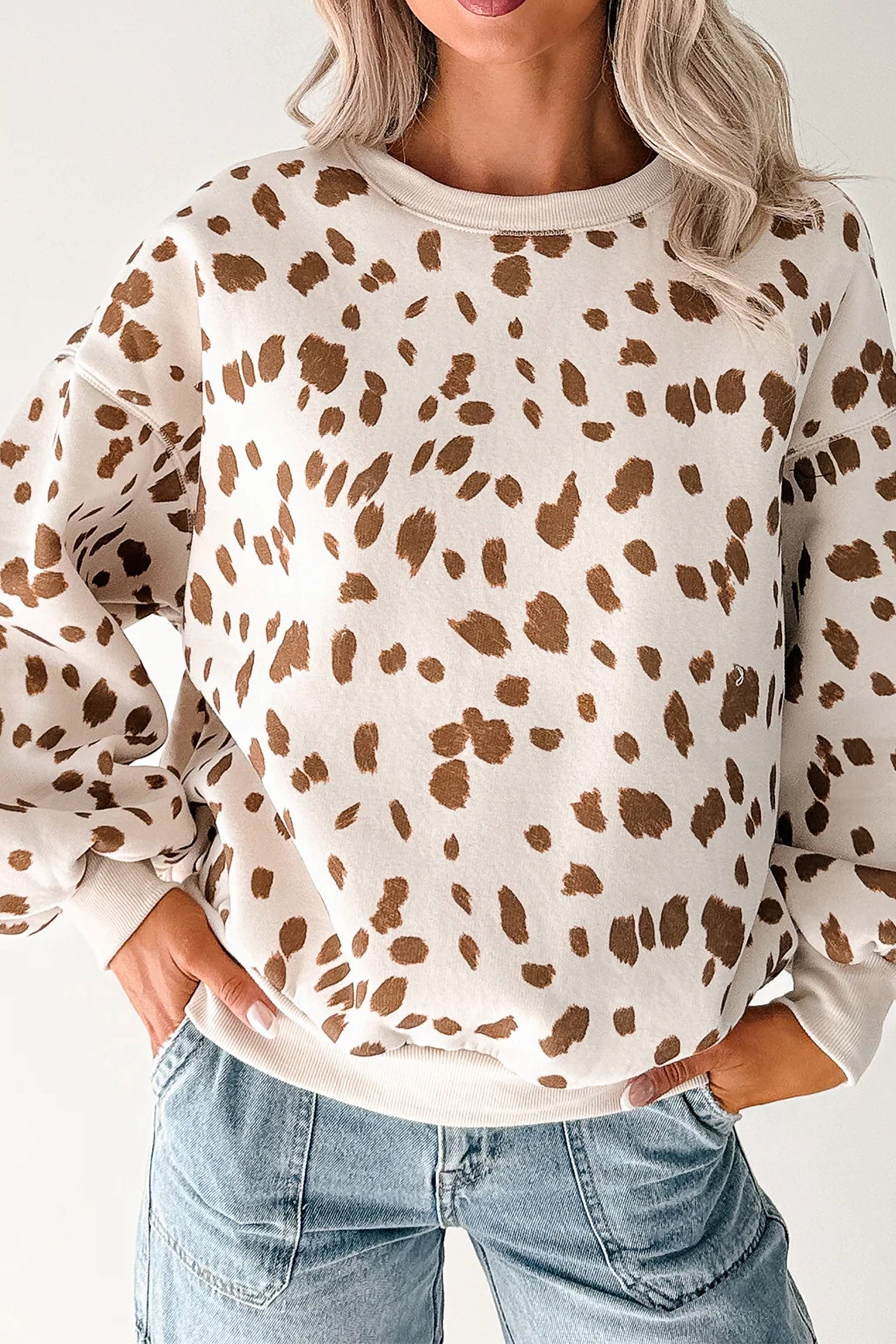 Leopard Print Dropped Shoulder Round Neck Casual Sweatshirt – Brown