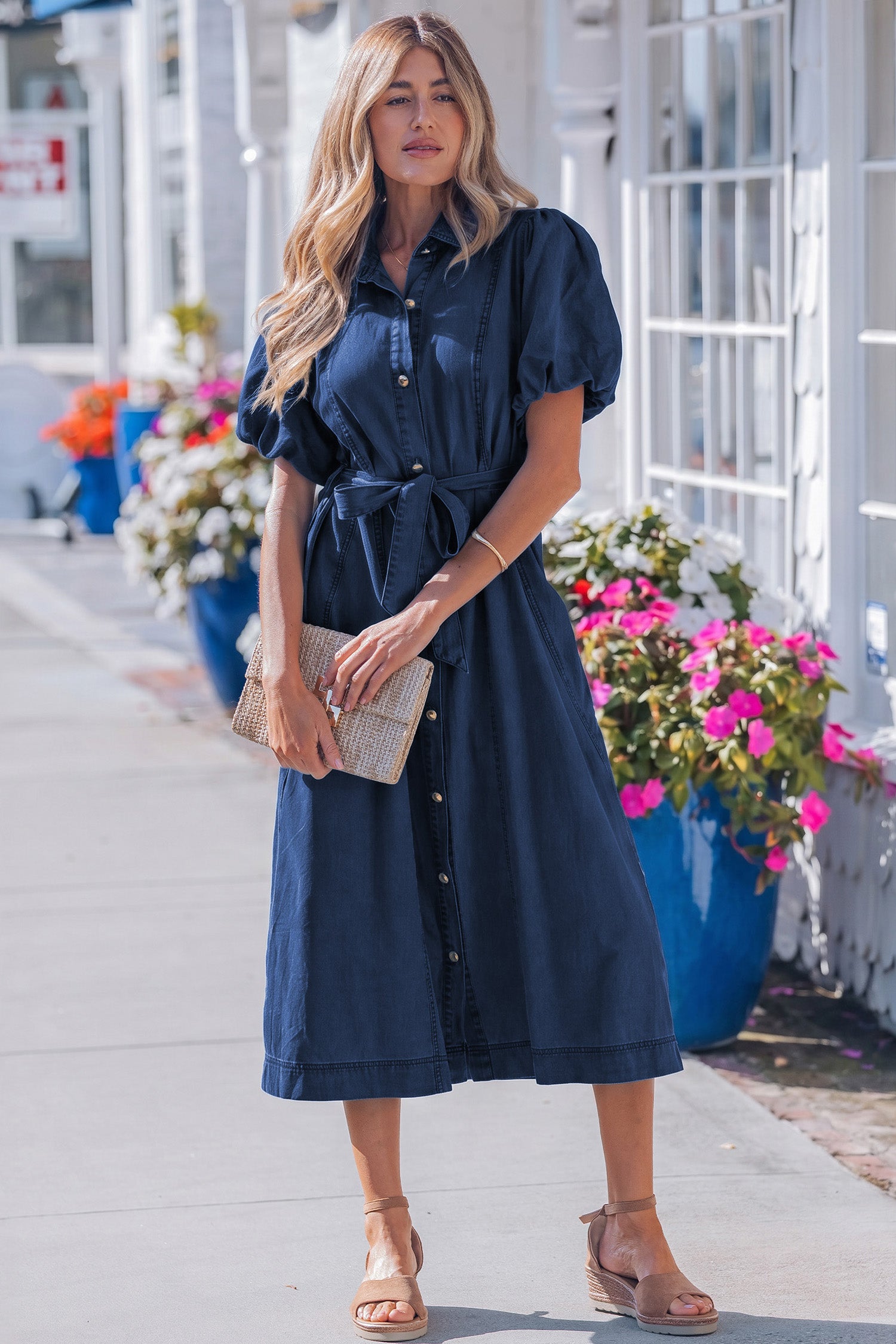 Full Button Collared Bubble Sleeve Long Denim Dress
